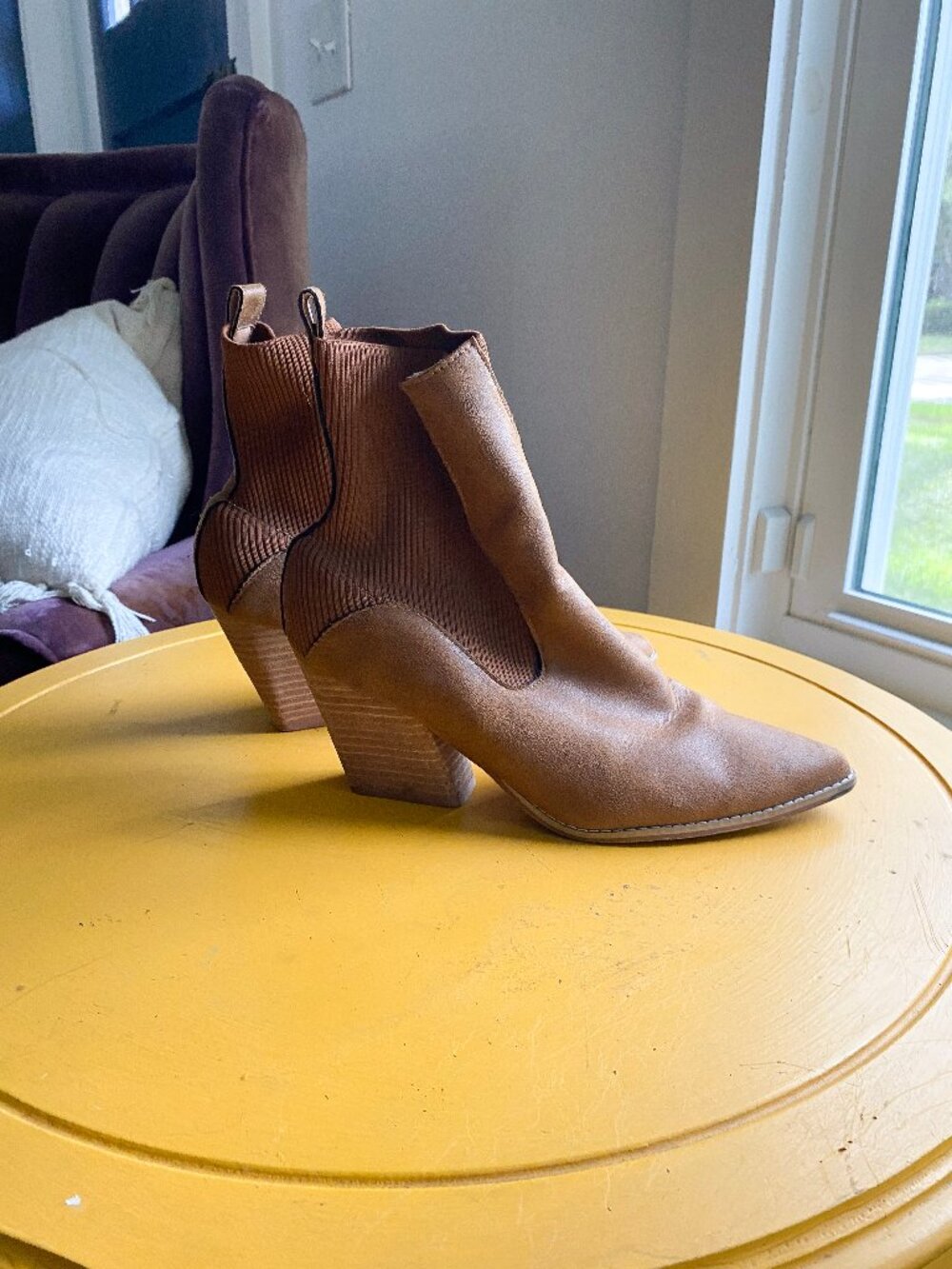 Oasis Society Tan Faux Suede Pointed Toe Knit Ankle Booties